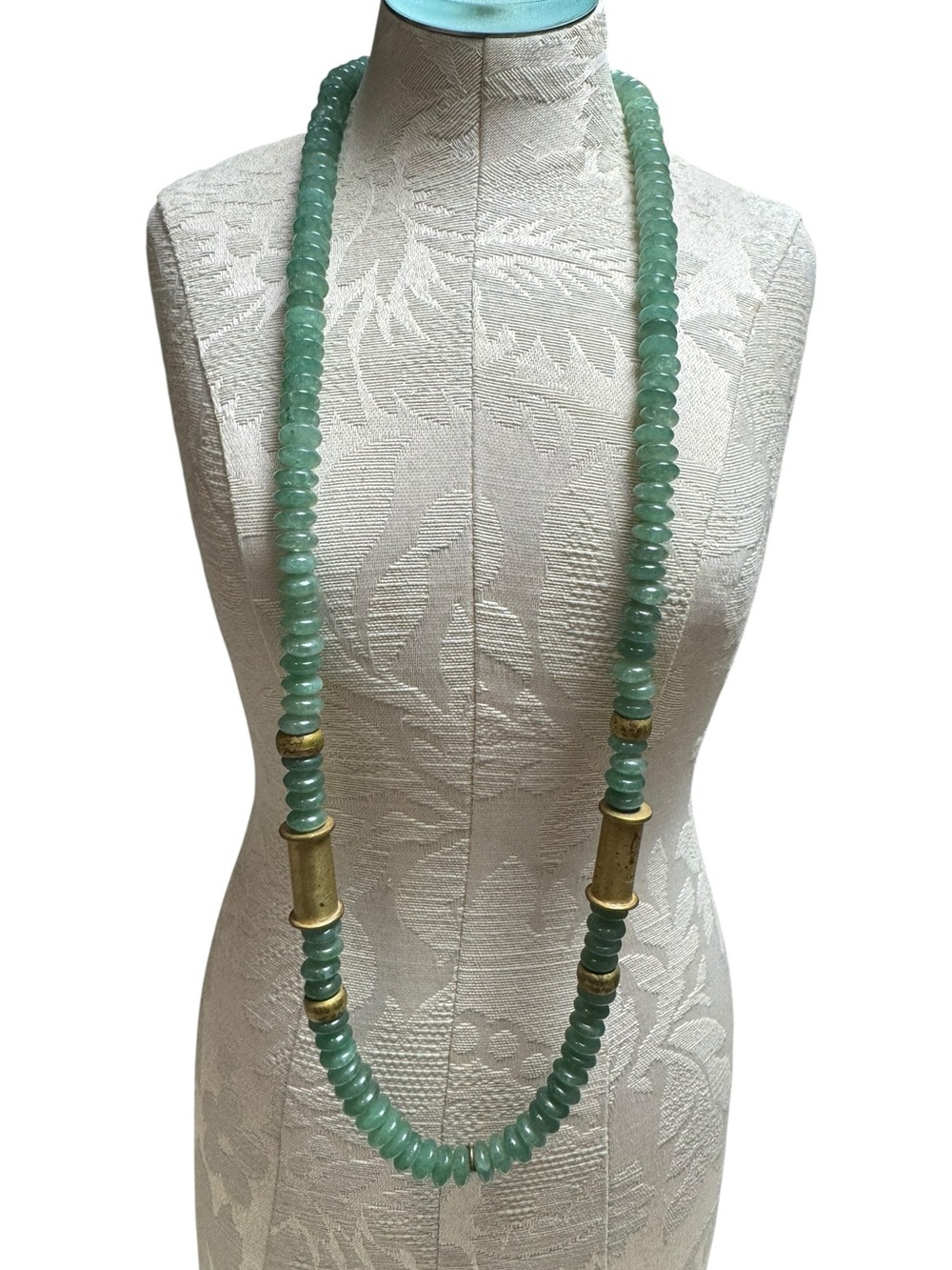 Vintage Jade-Tone Green Stone Beaded Necklace – Long Strand with Brass Spacers - Picture 2 of 13